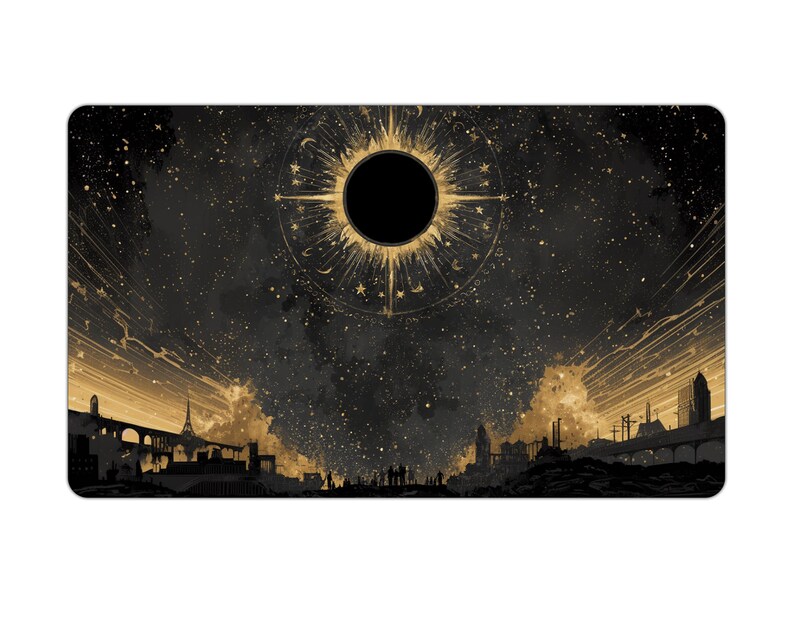 May include: Rectangular mousepad featuring a celestial design with a black sun at the center, surrounded by golden rays and stars. The bottom depicts a cityscape in silhouette, with bridges and buildings in shades of gold and black.