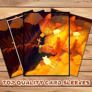 mtg Card Sleeves | MTG/Pokémon/Anime Card Fit|Top Quality Perfect Fit | Durable Custom Card Sleeves|Fantasy Cat Priest & Mice in Candlelight