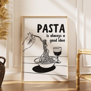 Pasta Wall Art Black and White, Italian Spaghetti Digital Print, Kitchen Wall Poster, Minimalist Modern Home Decor, Gift for Pasta Lovers