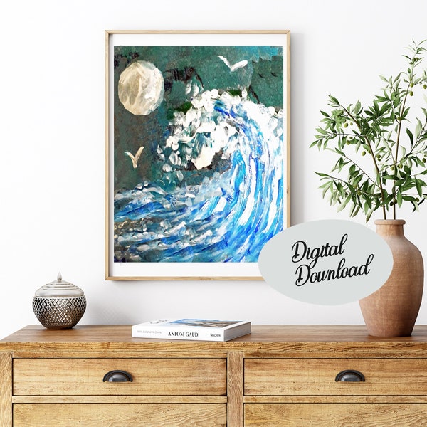 PRINTABLE ART,Printable Sea painting,original sea art download,midnight wave painting,printable seascape,digital art,printable wave painting