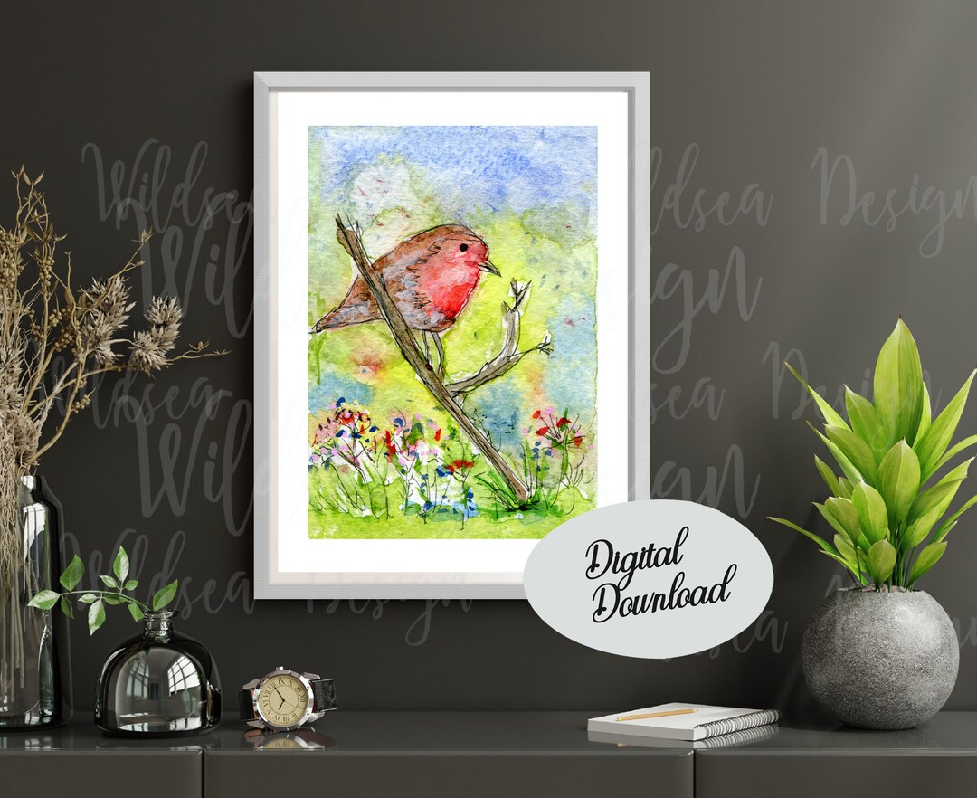 Whimsy Robin PRINTABLE Art,whimsical Robin Watercolor,mixed Media Artwork,robin on a ...