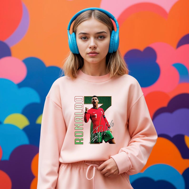 May include: A light pink sweatshirt with a graphic of a soccer player in a red jersey with the number 7 and the name "Ronaldo". The word "Ronaldo" is printed vertically on the left side of the sweatshirt in green. The person in the image is wearing blue headphones.
