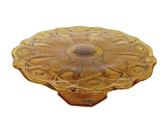Soporte para pasteles de pedestal Quintec Amber de vidrio L.E. Smith vintage, 11" de diámetro