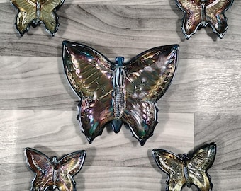 ヴィンテージ ジャネット カーニバルグラス バタフライ 小物入れ キャンディディッシュセット ブルー イラデセント