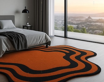 Hand Tufted Wool Area Rug – Orange Black Abstract Irregular Carpet