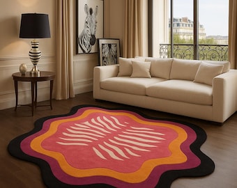 Wavy Zebra Print Rug – Modern Pink, Orange & Black Accent