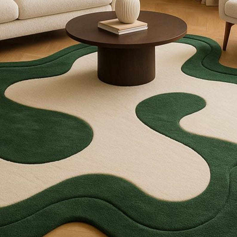 Hand Tufted Wool Rug – Green & Cream Abstract Modern Carpet - Etsy