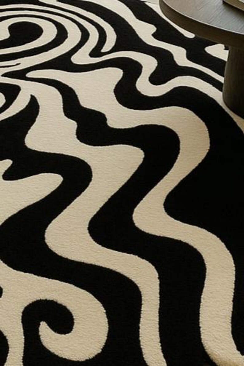 Hand Tufted Wool Rug | Black and White Abstract Wavy Carpet - Etsy