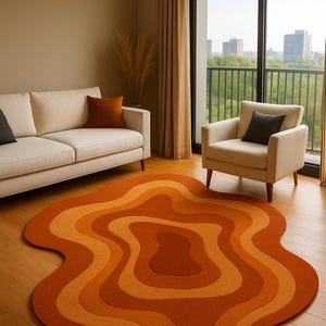 Retro Modern Wavy Orange Abstract Rug – Hand Tufted Wool Carpet, Irregular Shape Area Rug for Living Room, Bedroom & Home Décor