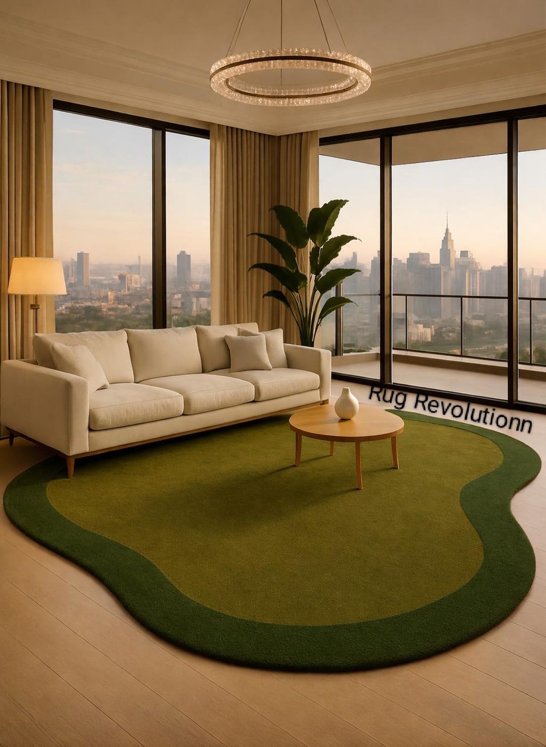 Hand Tufted Wool Rug, Organic Irregular Shape, Modern Green Living Room ...