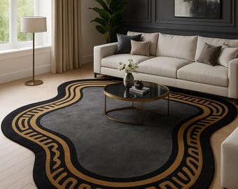 Black & Gold Abstract Rug | Luxury Curvy Designer Carpet