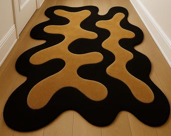 Hand Tufted Wool Rug | Irregular Black & Gold Abstract Design