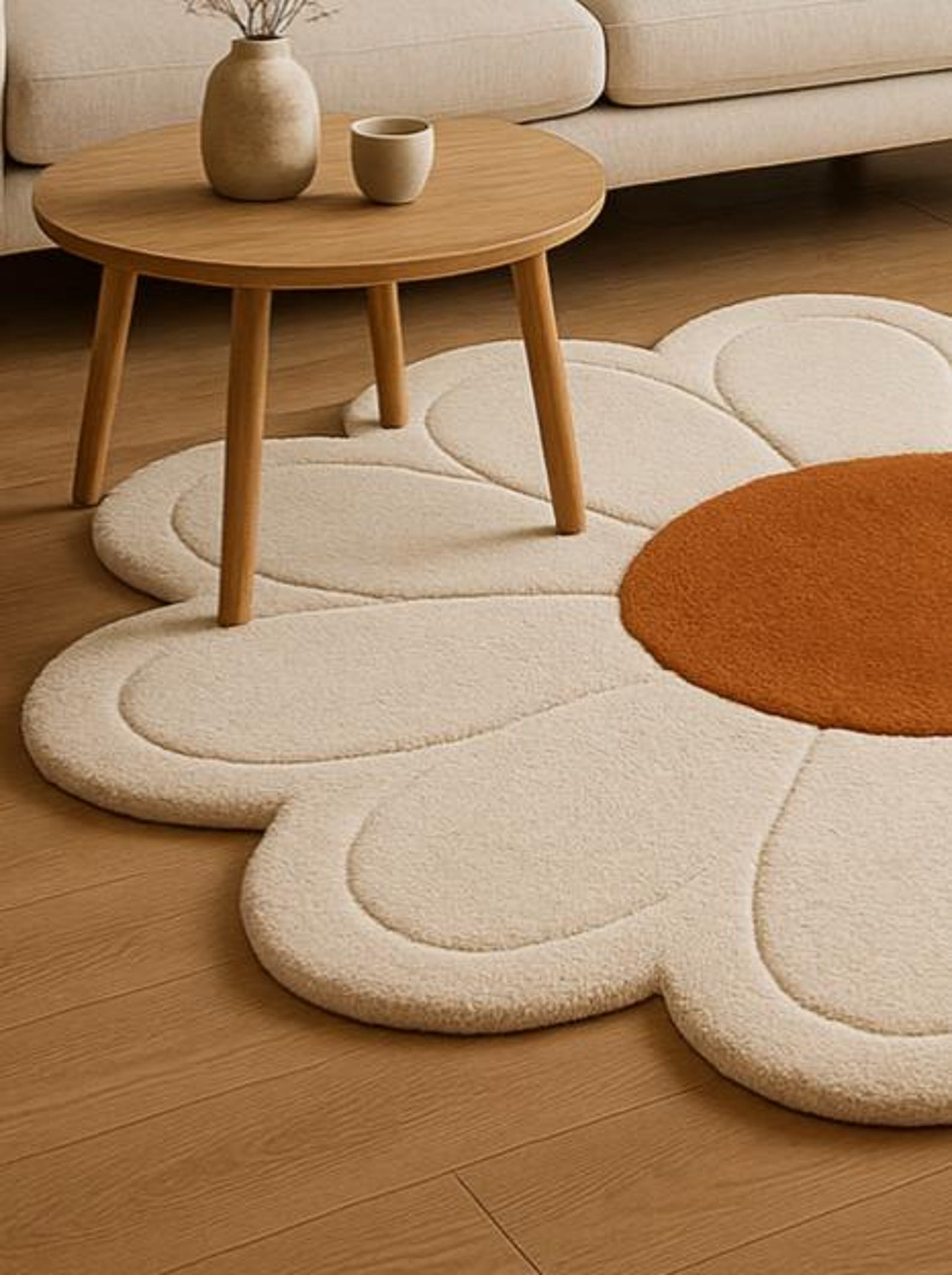Hand Tufted Wool Daisy Rug – Cream & Rust Flower Carpet - Etsy