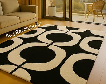 Hand Tufted Wool Area Rug | Modern Black & White Geometric Carpet (8x10)
