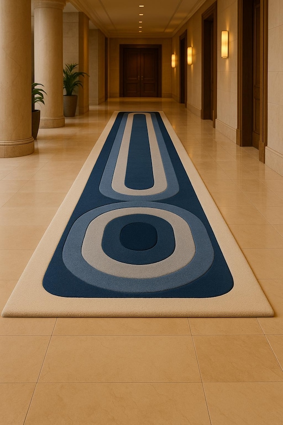 ハンドタフテッドウールランナーラグ | モダンなブルーグレーの幾何学