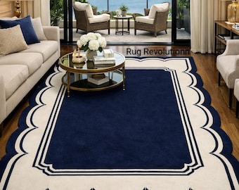 Hand Tufted Wool Rug | Navy Blue White Scalloped Border Area Rug
