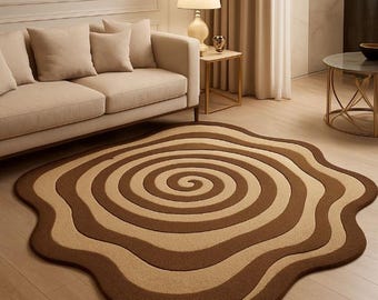Hand Tufted Wool Rug | Brown Beige Swirl, Irregular Shape