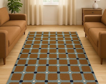 Geometric Wool Rug | Mid-Century Modern Hand-Tufted Brown, Blue