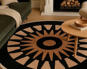 Black & Beige Sunburst Wool Blend Round Area Rug