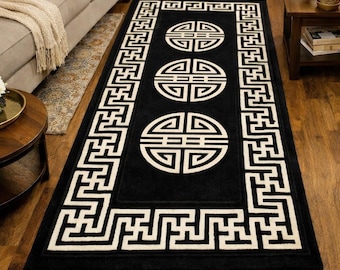 Black White Wool Rug, Hand Tufted Greek Key Border Area Carpet