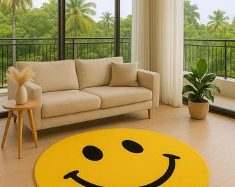 Tappeto in lana con faccina sorridente gialla / Tappeto moderno annodato a mano 4x4