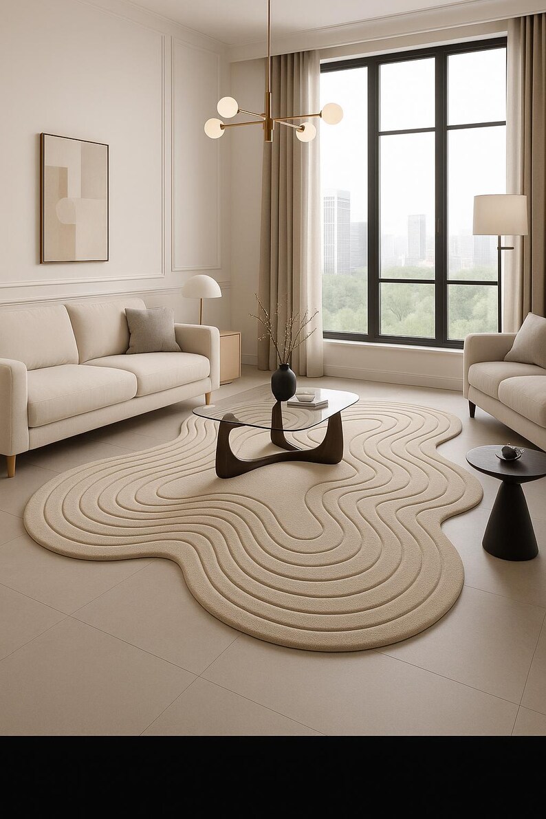 Hand Tufted Luxury Beige Flow Rug – Modern Irregular Shape Embossed Cut ...