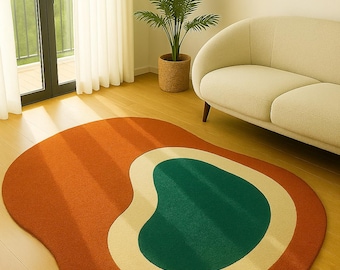 Hand Tufted Wool Rug – Abstract Terracotta, Green Irregular Carpet