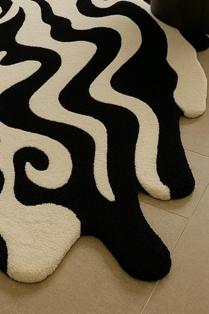 Hand Tufted Wool Rug | Black and White Abstract Wavy Carpet - Etsy