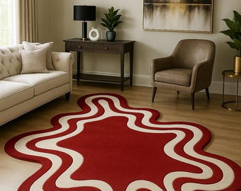 Hand-Tufted Wool Rug | Red & White Wavy Abstract, Irregular Shape