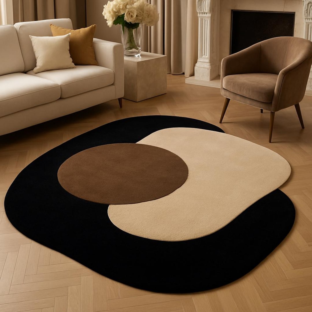 Modern Abstract Rug | Geometric Wool Blend Carpet, Black Cream Brown - Etsy