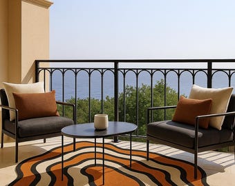 Hand Tufted Wool Rug | Modern Abstract Wavy Carpet, Orange Black Cream