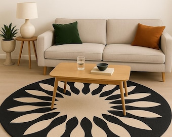 Black & Beige Sunburst Wool Rug, Hand-Tufted Modern Carpet