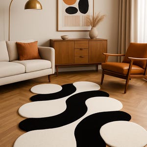 Tapete abstrato moderno em lã – Design ondulado em preto e branco