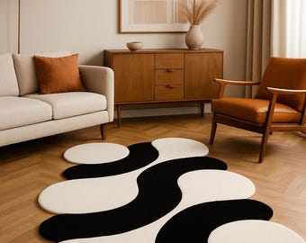 Moderner abstrakter Wollteppich - Schwarz-Weißes Wellendesign