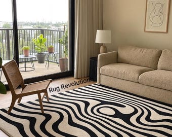 Alfombra de lana con mechones abstractos, color blanco y negro, moderna y geométrica para sala de estar.