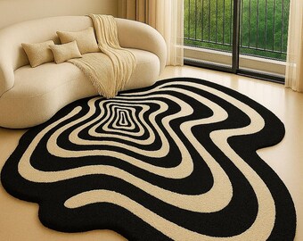 Hand Tufted Wool Rug, Black and Beige Abstract Irregular Design