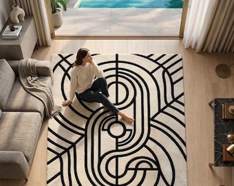 Hand Tufted Wool Rug, Modern Geometric Black Cream Area Carpet, Luxury Living Room Designer