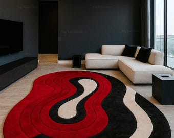 Hand Tufted Wool Rug | Modern Red, Black, Beige Wave Design