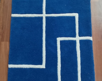 Hand-Tufted Wool Rug | Modern Blue and White Geometric Carpet