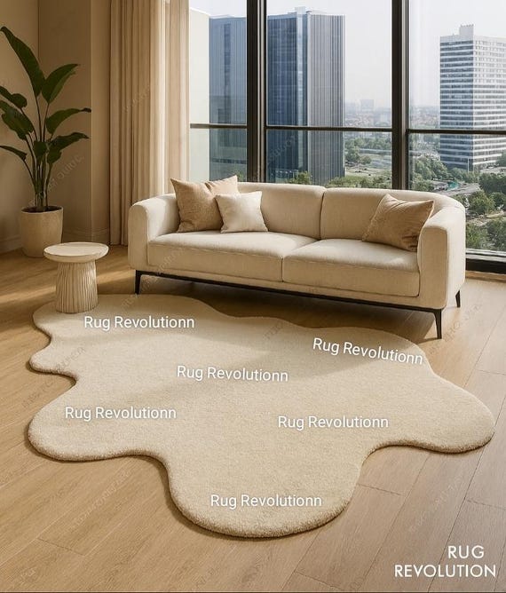 Hand getufteter Wollteppich | Creme Unregelmäßige Form, Moderne Plüsch Teppich