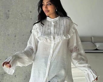 Linen Ruffle Blouse, White Lace Trim, Victorian Style