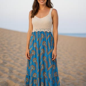 Boho Crochet Dress Blue Maxi Sundress Paisley Print Summer Beach Outfit, Handmade Look dress, Hippie Festival dress, Bohemian Style Dress