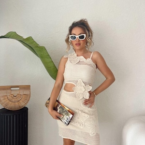 Crochet Beach Dress Set, Cutout Floral Design, Boho Crochet Dress Set – Mesh Knit Dress with Inner Skirt, Vacation Summer Outfit.