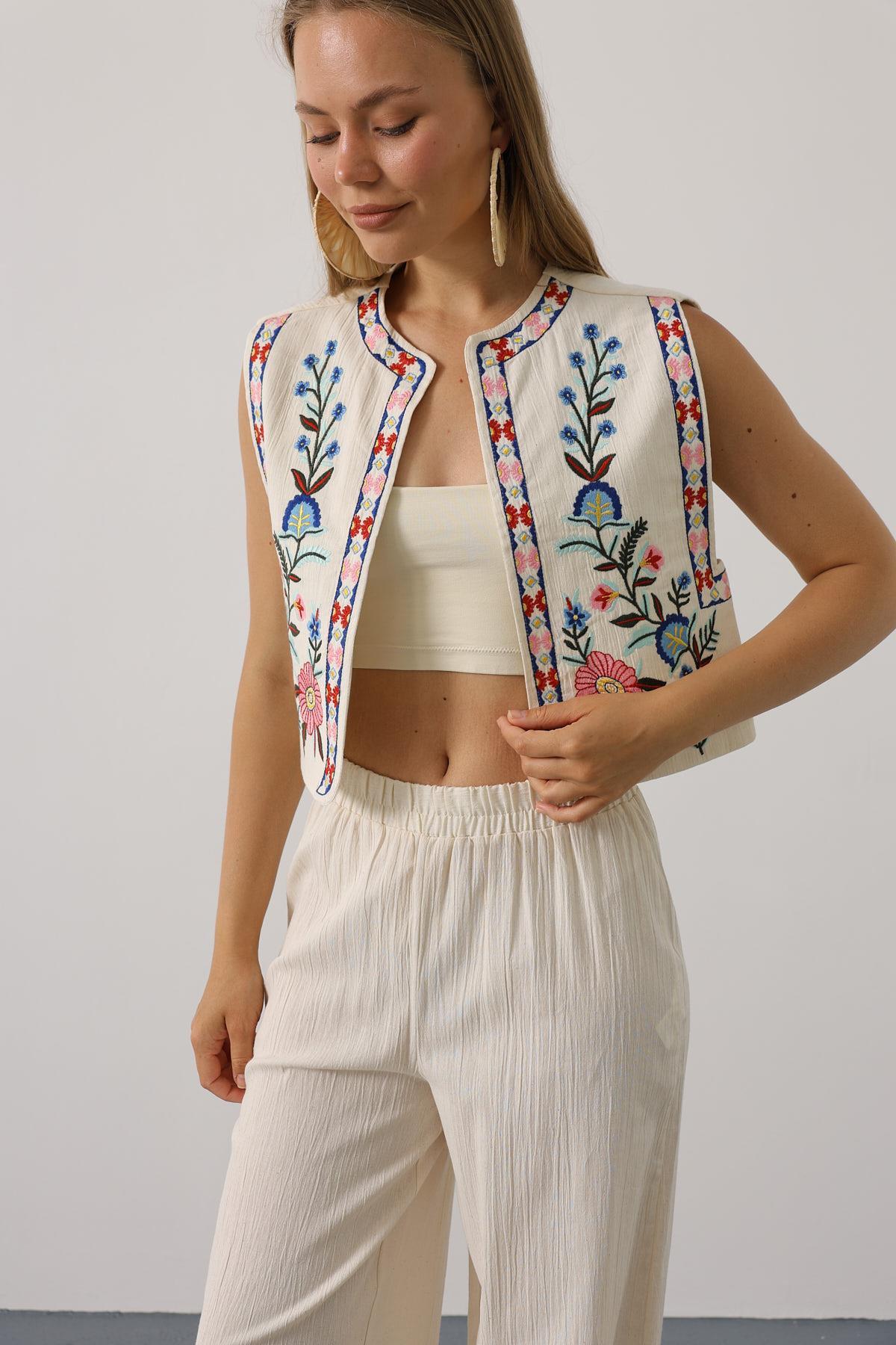 Besticktes Viskose Westen Set: Boho Floral Zweiteiler Outfit