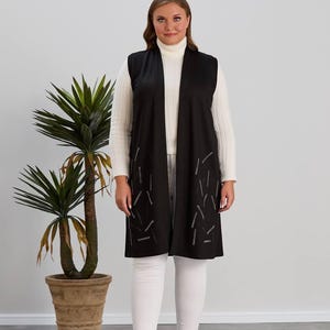 Plus Size Black Knit Duster Vest: Sleeveless Open Front Cardigan