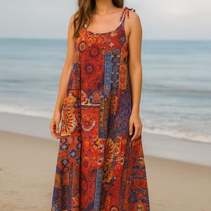Red Bohemian Midi Dress: Sleeveless Ethnic Summer Outfit