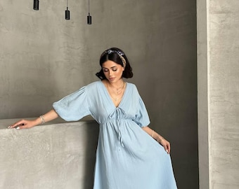 Linen Summer Dress for Women, Boho Loose Fit Midi Dress, Casual Beach Dress, Puff Sleeve V Neck Dress, Lightweight Sundress, calassic dress