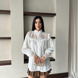Leinen Spitzen Rüschen Bluse: Vintage Viktorianisches Boho Top