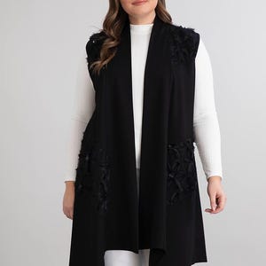 Black Floral Applique Vest: Plus Size Embroidered Boho Cardigan