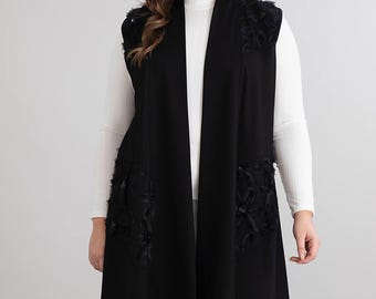 Schwarze Blumen Applikation Weste: Plus Size Gestickte Boho Strickjacke